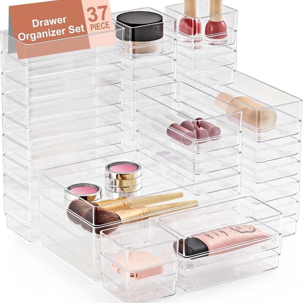 37-Piece Drawer Organizer with Non-Slip Silicone Pads, 4-Size Desk Drawer Organi